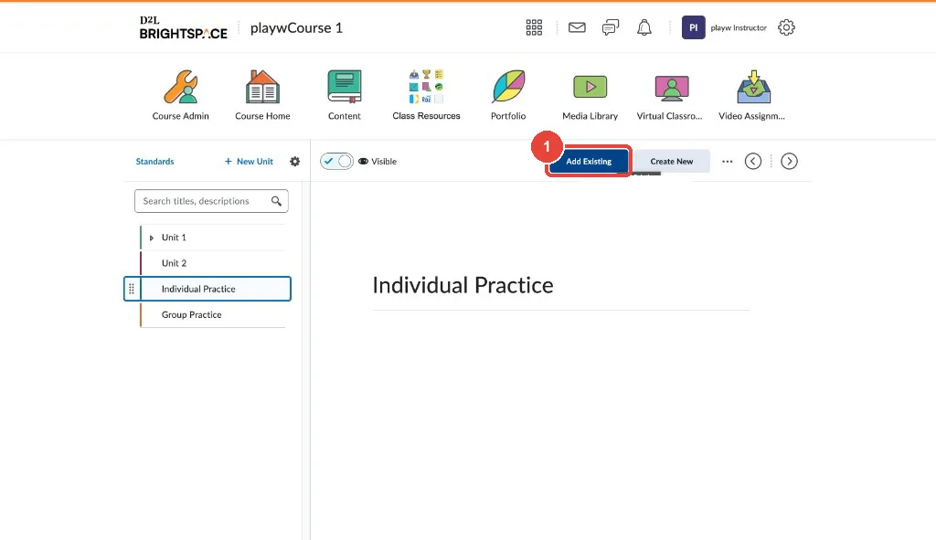 Content, teacher view — click Add Existing in the module where the activity should live.