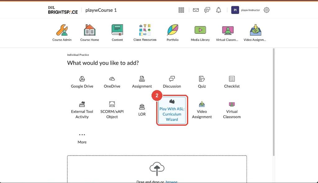 Add-content picker — select Play With ASL: Curriculum Wizard.