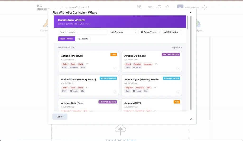 Curriculum Wizard — browse the preset library inside Brightspace.