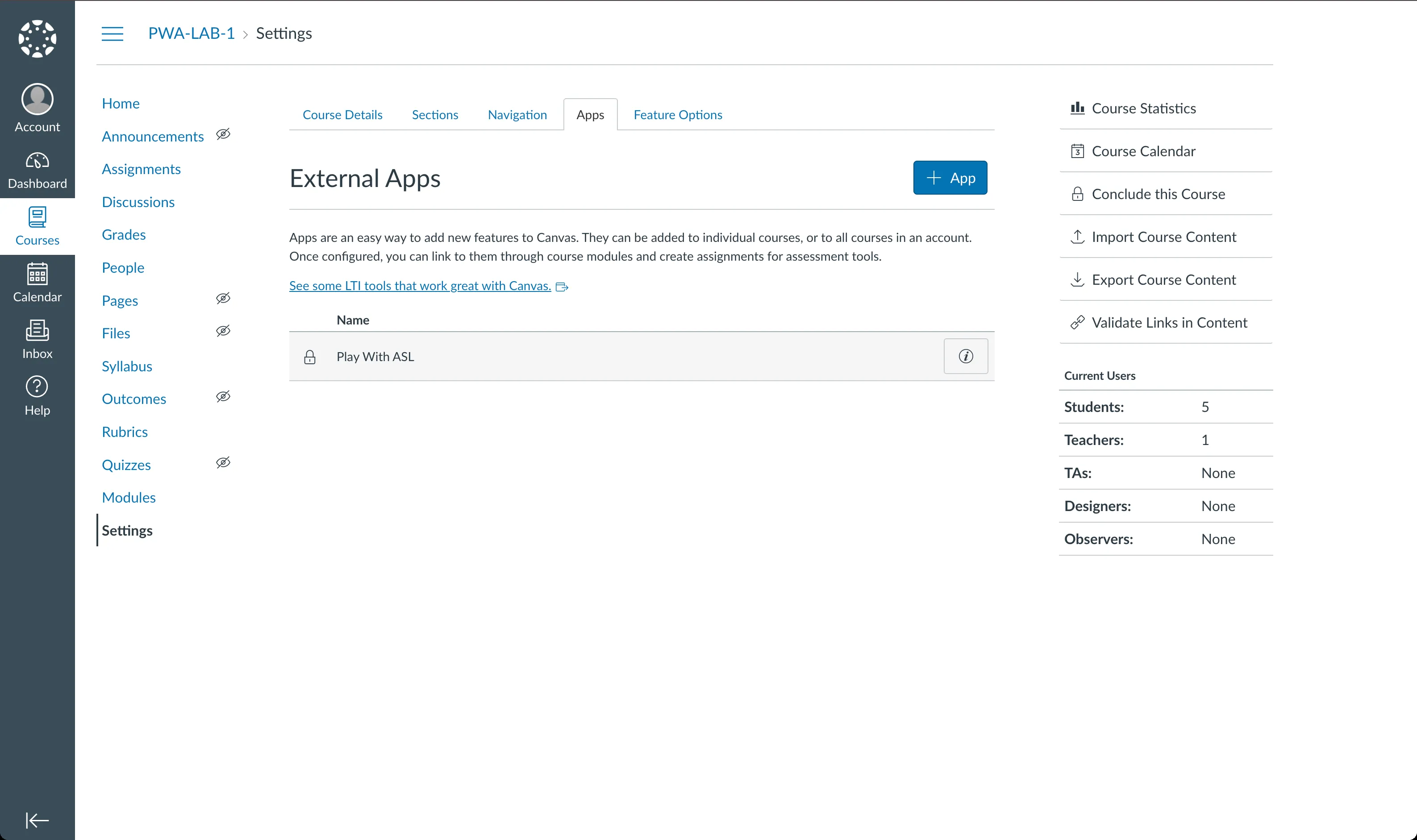 Course Settings Apps tab listing Play With ASL as an installed external app.