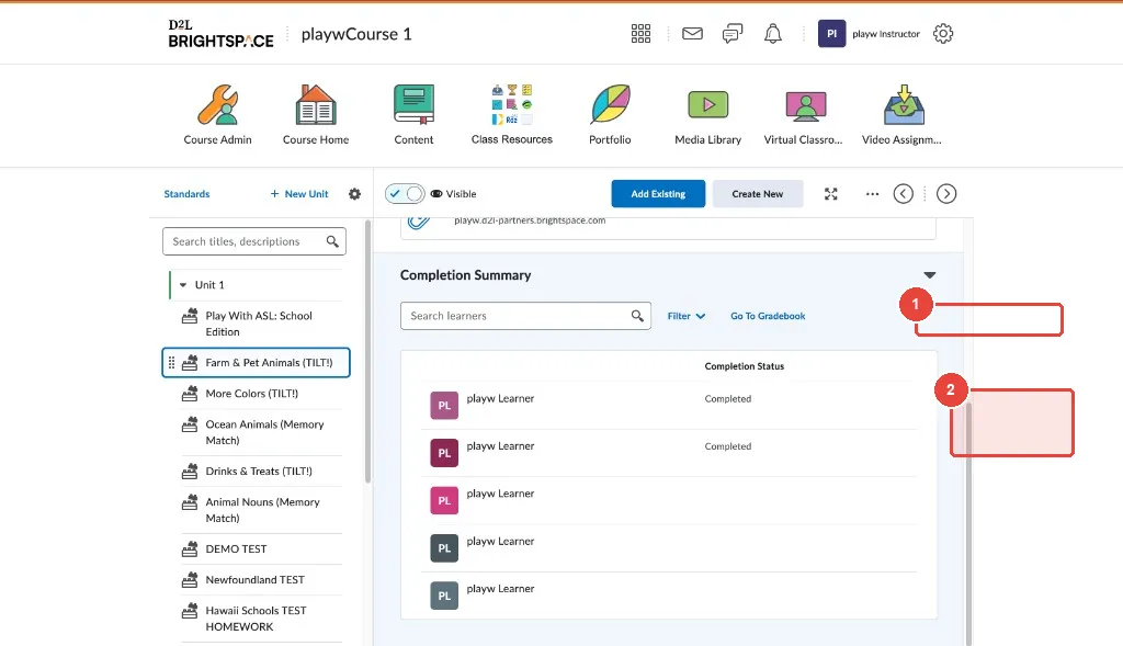 Completion Summary — learners show Completed after finishing in the app; Go To Gradebook opens score detail.