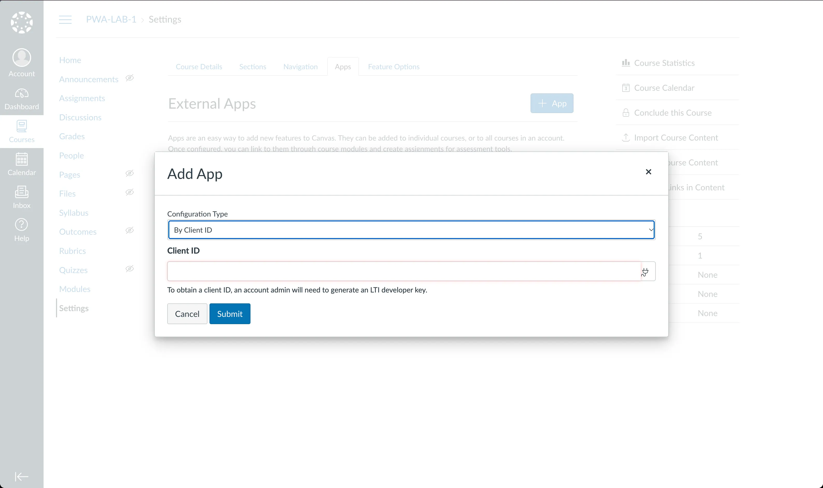 Add App dialog set to By Client ID, with an empty Client ID field. Canvas notes that an account admin generates the LTI developer key.