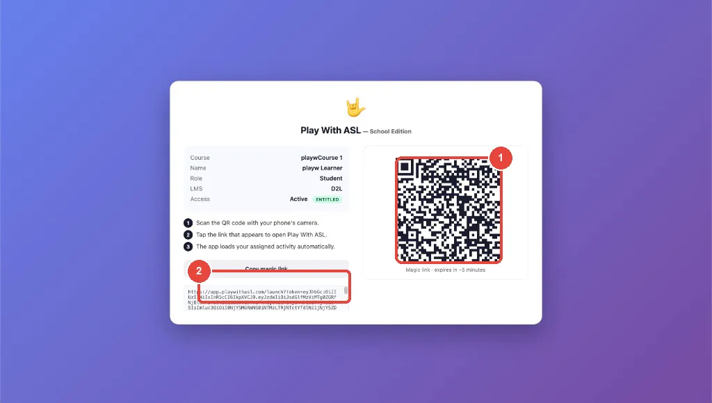 Handoff page on a computer — scan the QR code or copy the magic link, which expires in about five minutes.
