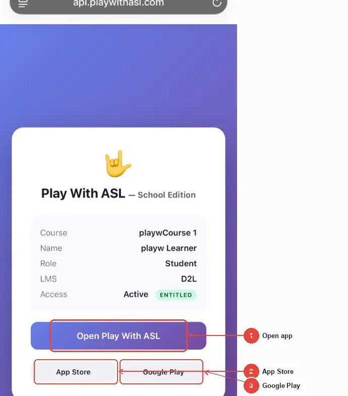 Handoff page on a phone — tap Open Play With ASL, with App Store and Google Play links if the app is not installed.