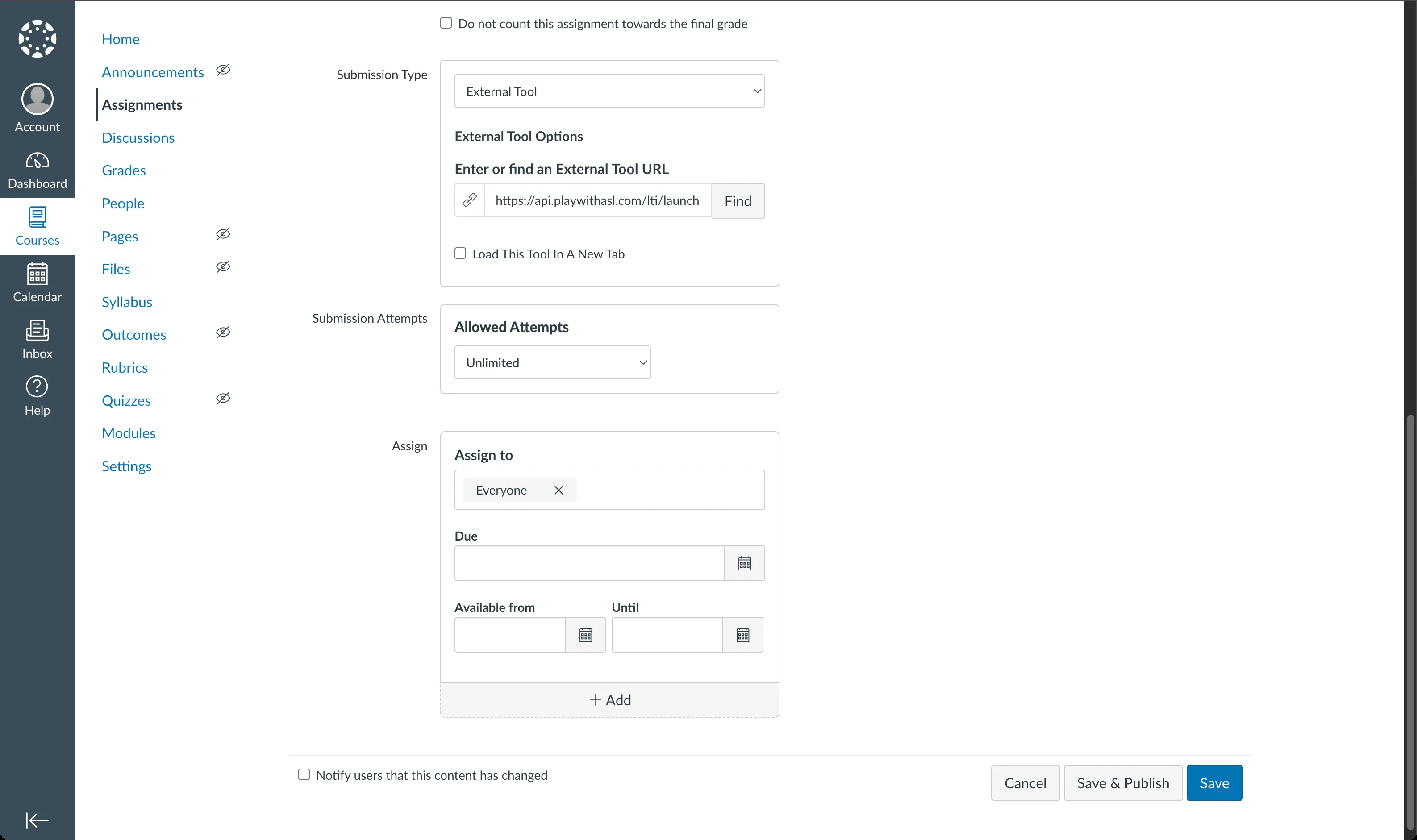 Assignment edit page with Submission Type set to External Tool, the production launch URL, and the Find button.