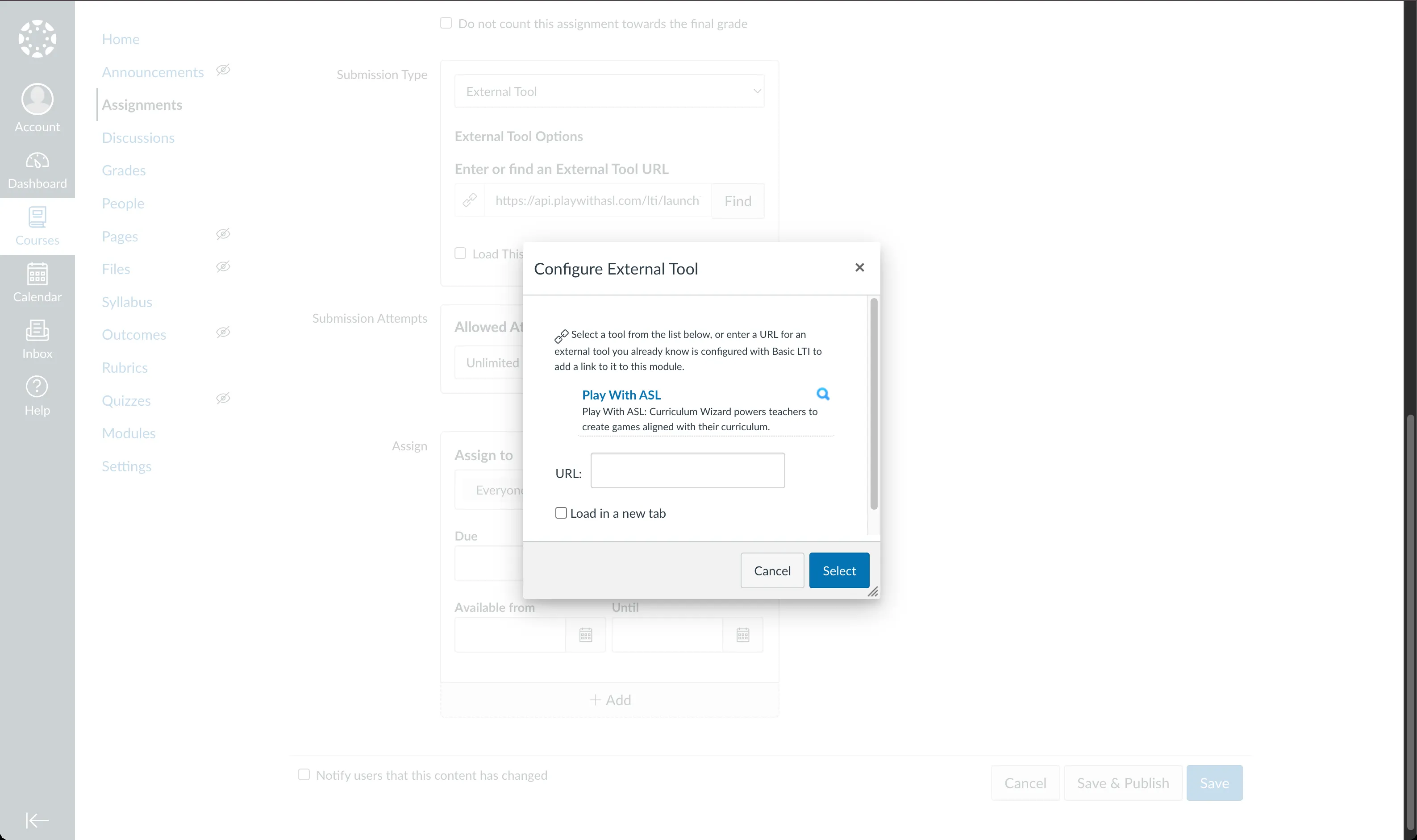 Configure External Tool dialog listing Play With ASL.