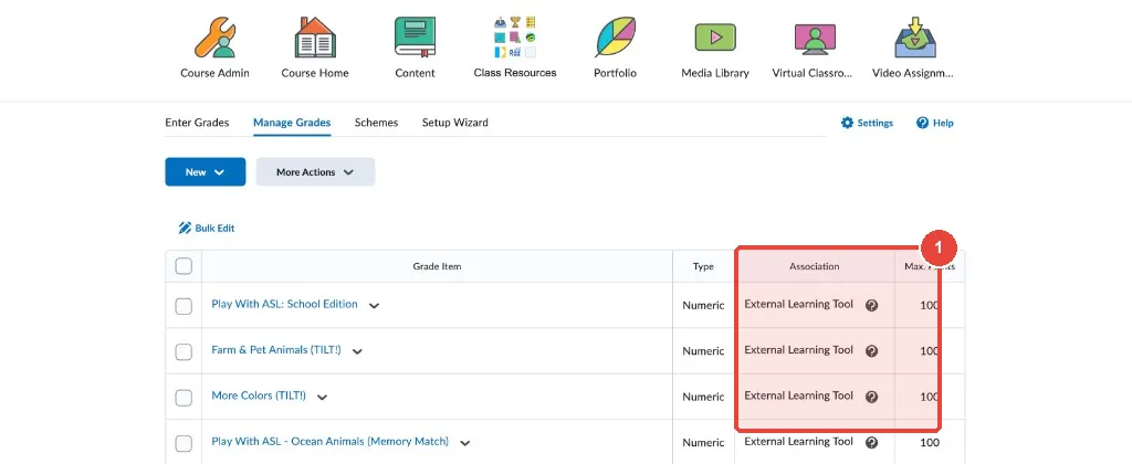 Manage Grades — Association column shows External Learning Tool for each Play With ASL item.