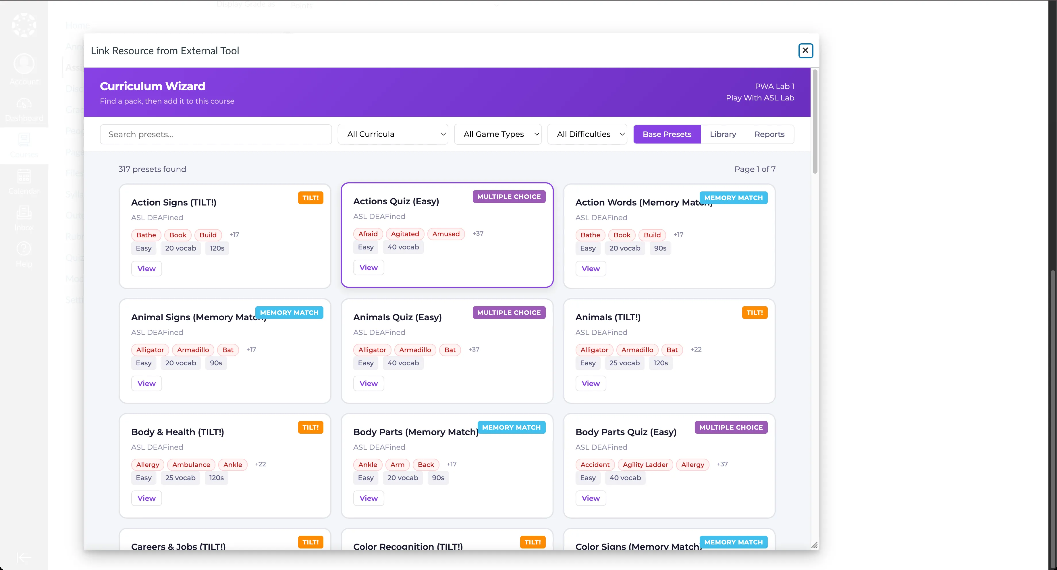 Link Resource from External Tool showing the Curriculum Wizard with 317 presets and visible preset cards.