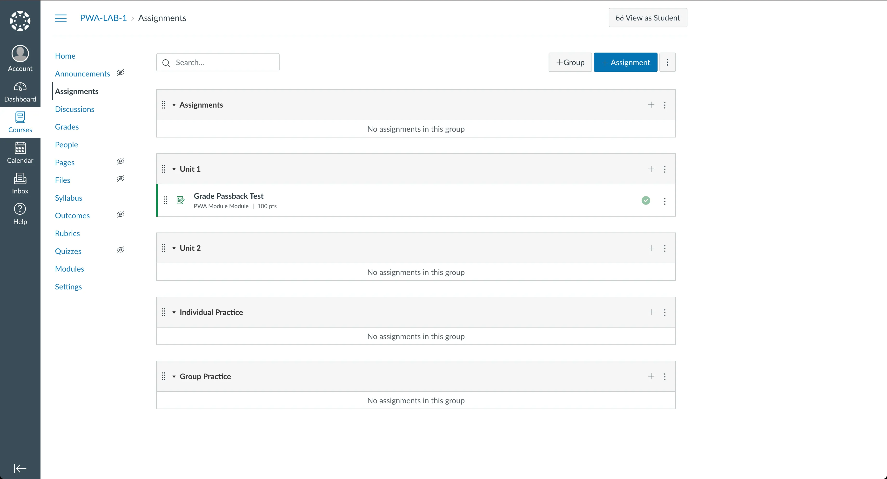 Course Assignments index with one published assignment row.