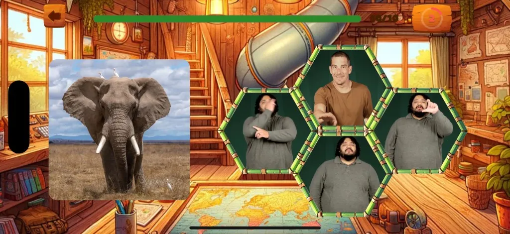Multiple Choice picture round: an elephant photograph on the left and four Deaf signers as answer choices.