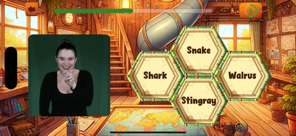Multiple Choice board: a Deaf signer on the left and four look-alike English answers on hexagonal tiles — Snake, Shark, Walrus, and Stingray.