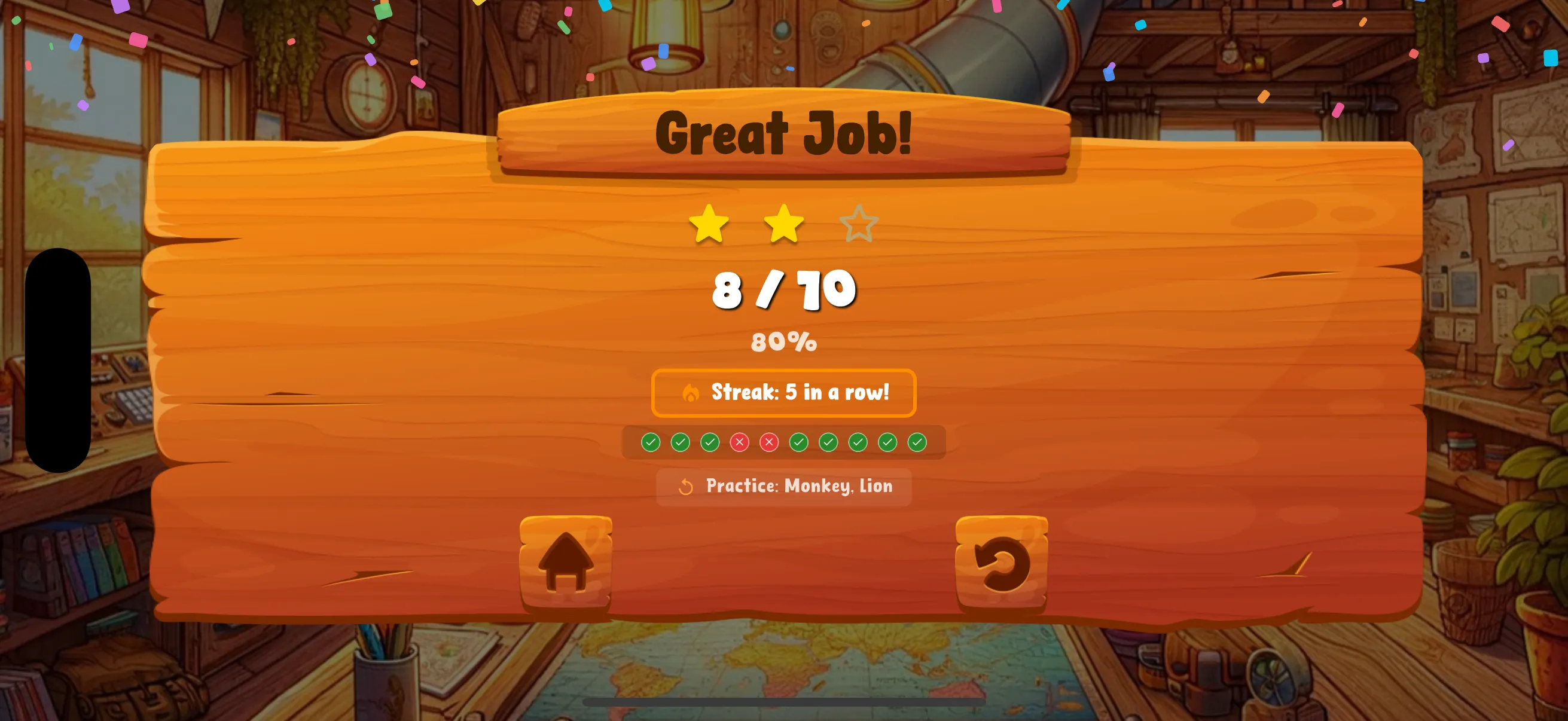 Multiple Choice results board showing 8 out of 10, 80 percent, and a five-in-a-row streak.